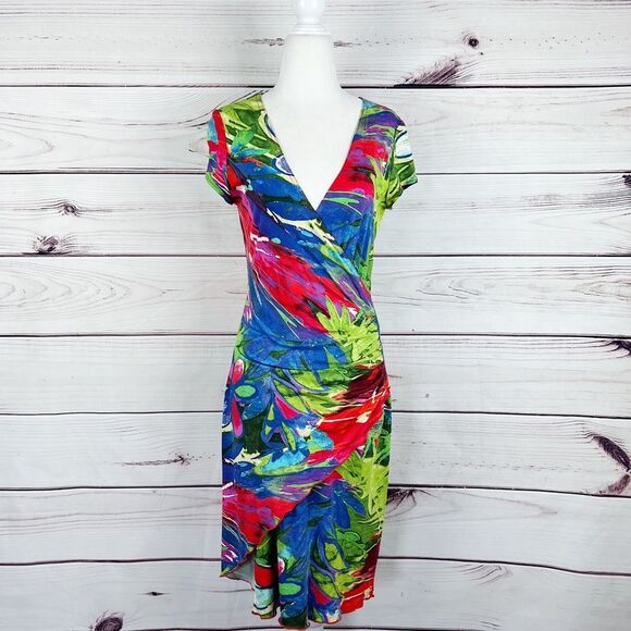 Joseph Ribkoff Colorful Tropical Faux Wrap Dress Sz 8 - Picture 2 of 7